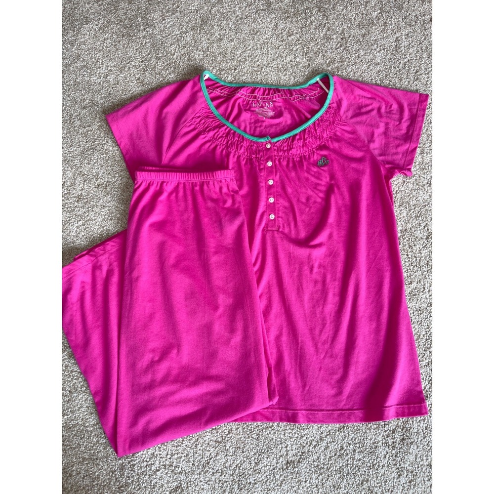 Lauren Ralph Lauren Cotton Knit 2pc Pajama Set Pink Henley Crop Pants Womens S